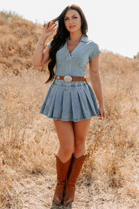 Play It Cool Denim Zip Up Pleated Mini Dress (Denim) - NanaMacs