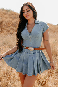 Play It Cool Denim Zip Up Pleated Mini Dress (Denim) - NanaMacs