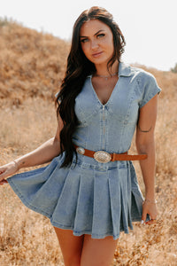 Play It Cool Denim Zip Up Pleated Mini Dress (Denim) - NanaMacs