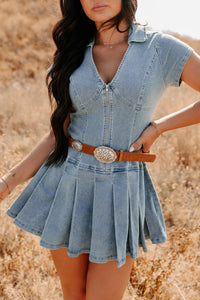 Play It Cool Denim Zip Up Pleated Mini Dress (Denim) - NanaMacs
