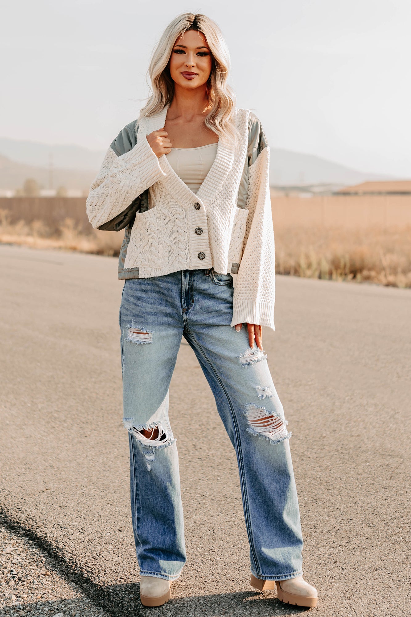 Latte Layers Quilted Cable Knit POL Cardigan (Natural/Olive) - NanaMacs