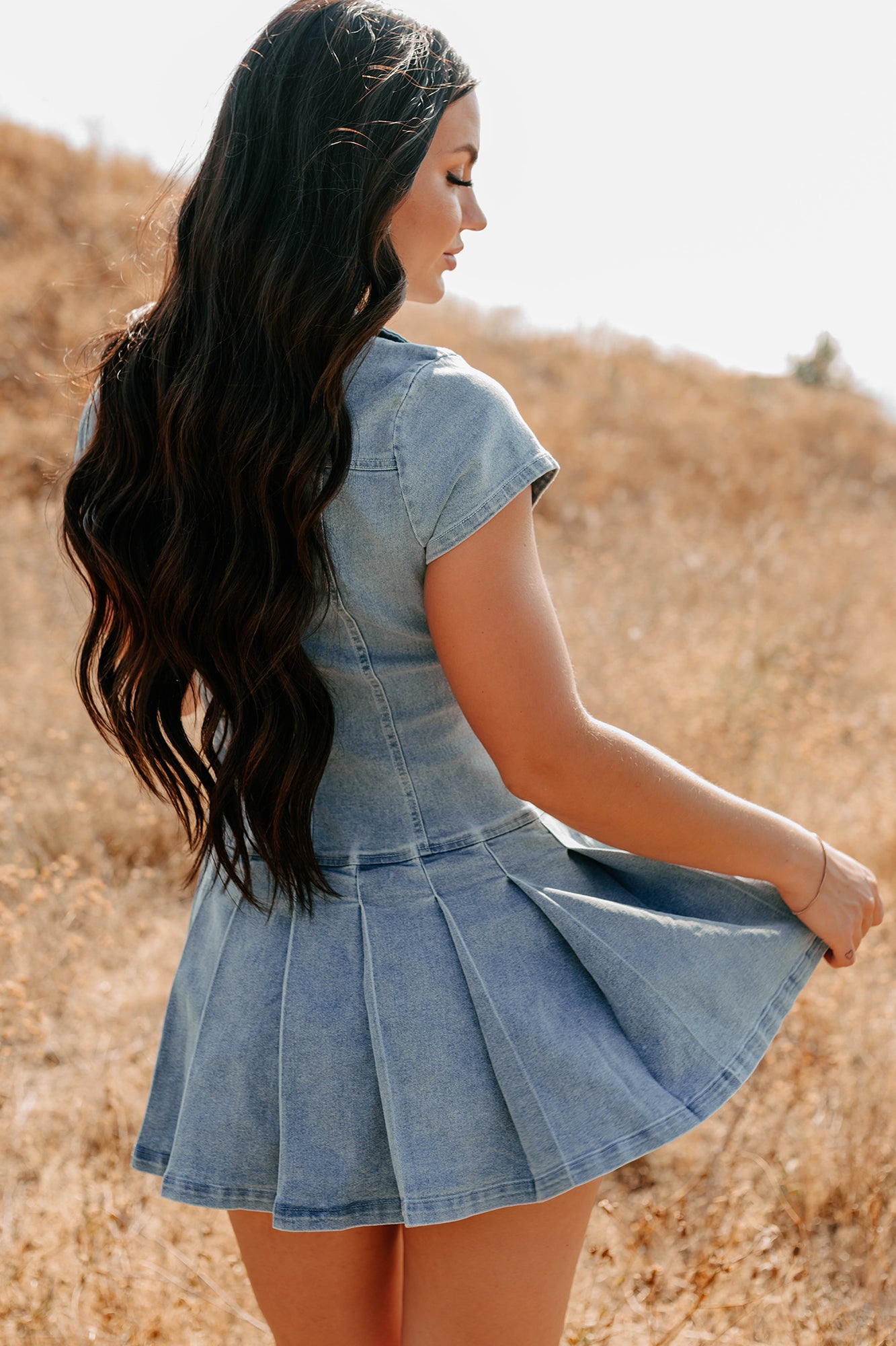 Play It Cool Denim Zip Up Pleated Mini Dress (Denim) - NanaMacs