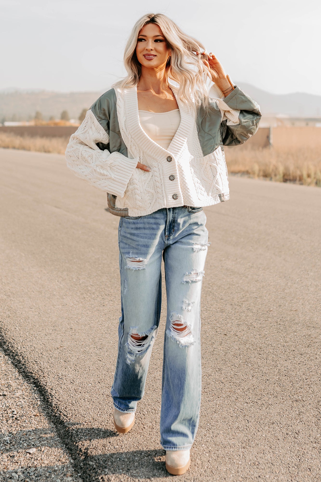 Latte Layers Quilted Cable Knit POL Cardigan (Natural/Olive) - NanaMacs