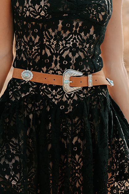 Prairie Pearl Faux Leather Detailed Concho Belt (Brown) - NanaMacs