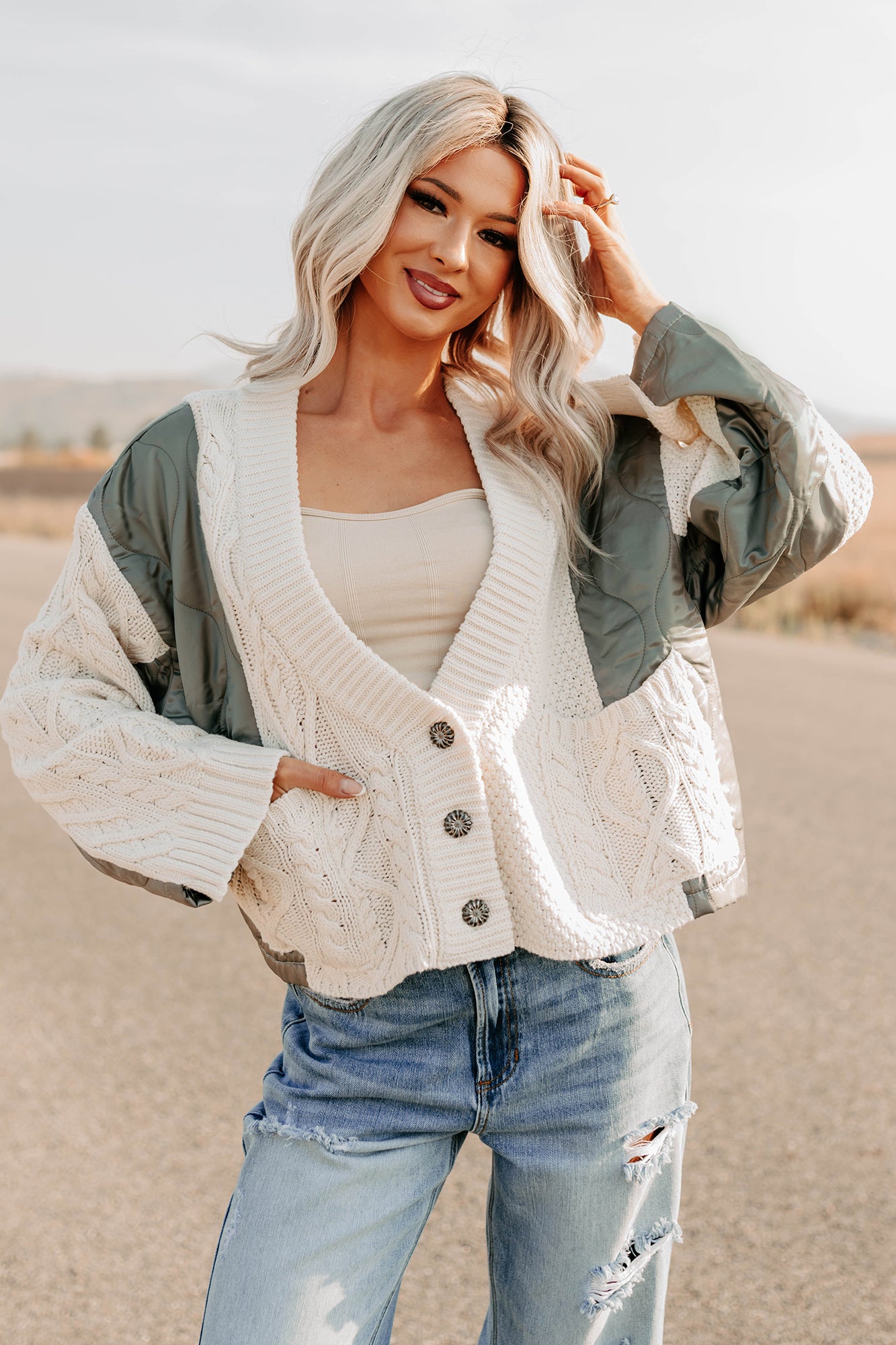 Latte Layers Quilted Cable Knit POL Cardigan (Natural/Olive) - NanaMacs