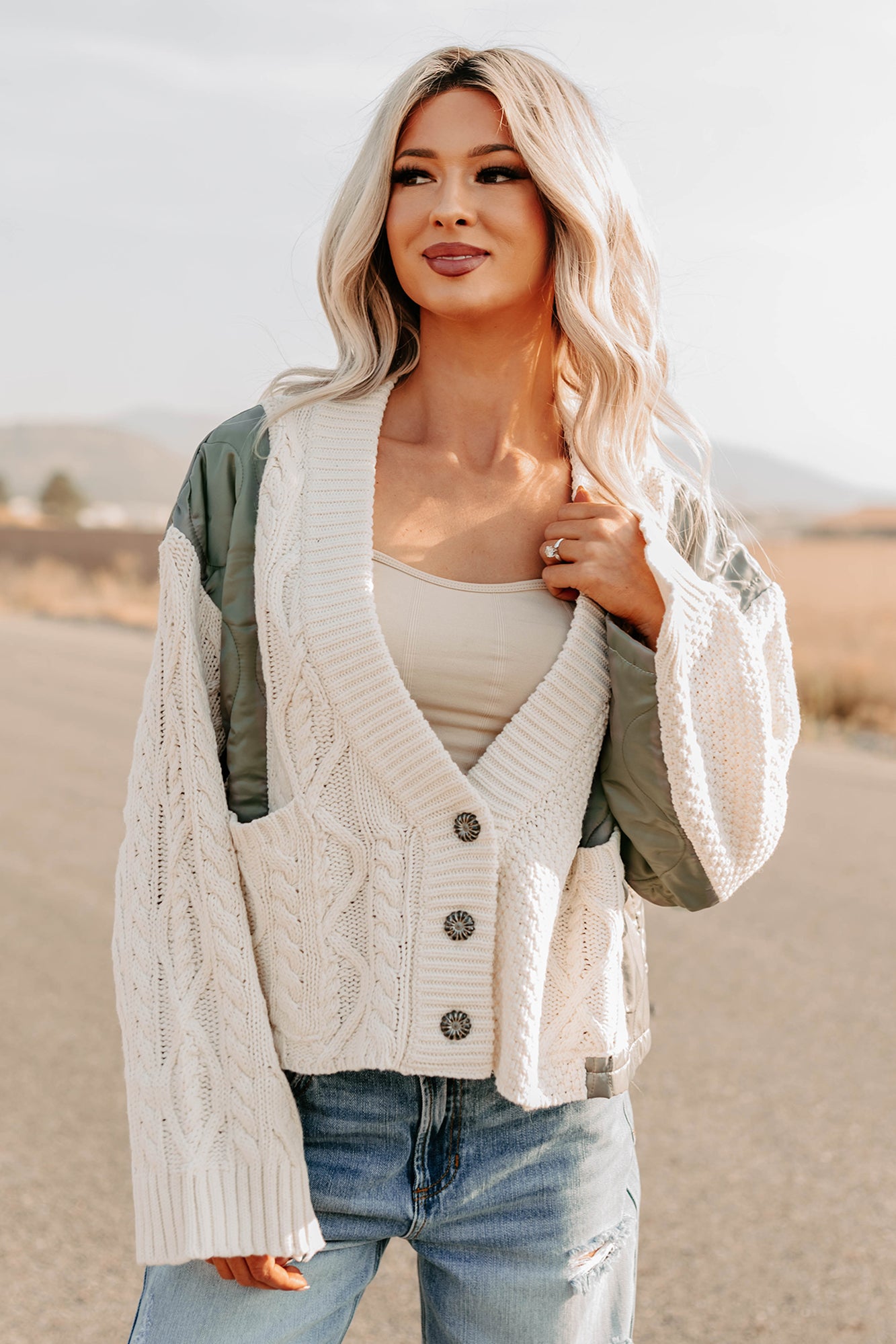 Latte Layers Quilted Cable Knit POL Cardigan (Natural/Olive) - NanaMacs