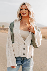 Latte Layers Quilted Cable Knit POL Cardigan (Natural/Olive) - NanaMacs