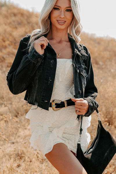 Women's Fade Into You Distressed Denim Jacket in Washed Black - Size L Women's Fade Into You Distressed Denim Jacket in Washed Black - Size L