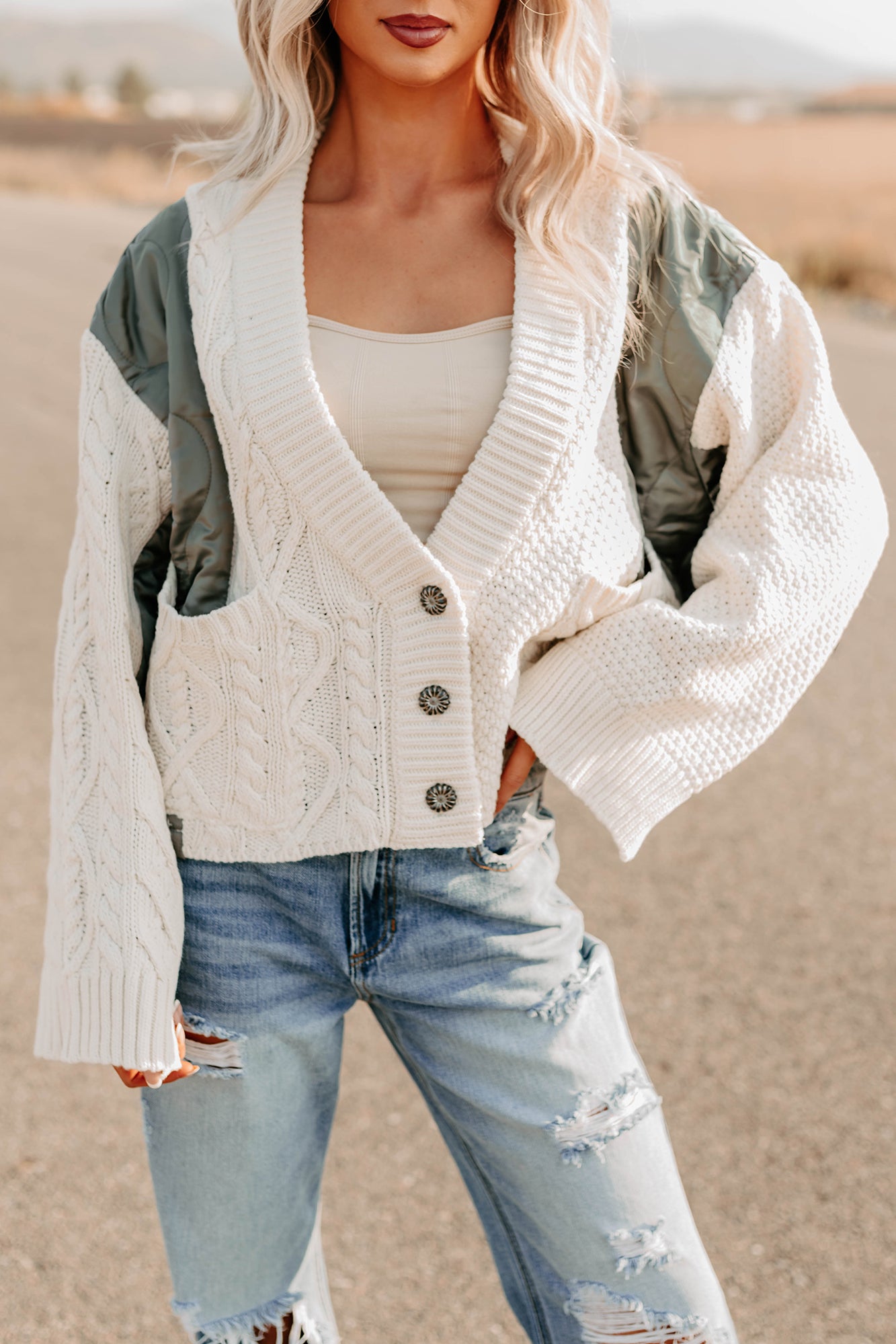 Latte Layers Quilted Cable Knit POL Cardigan (Natural/Olive) - NanaMacs