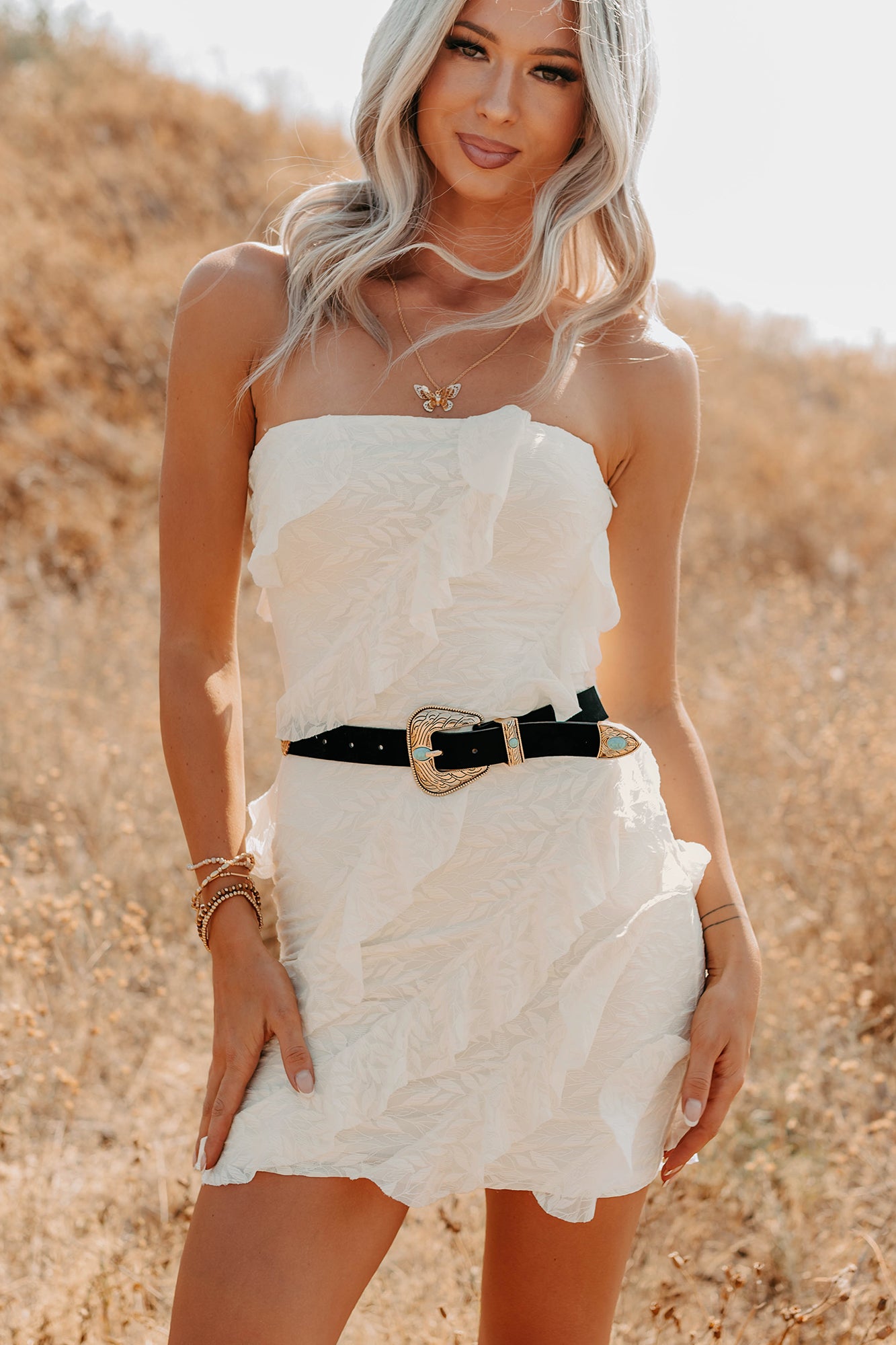 Prettiest Little Thing Strapless Ruffle Mini Dress (Off White) - NanaMacs