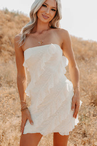 Prettiest Little Thing Strapless Ruffle Mini Dress (Off White) - NanaMacs