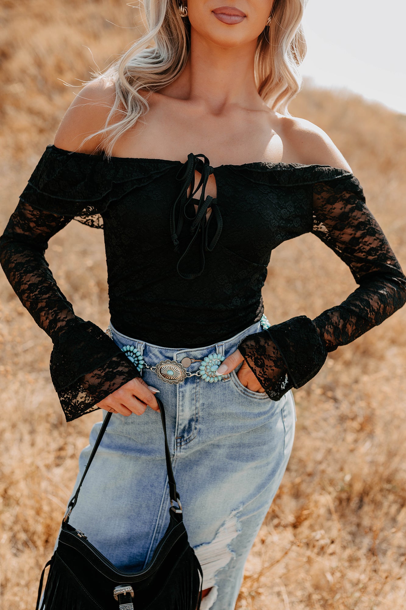 Throne Ready Off The Shoulder Lace Bodysuit (Black) - NanaMacs