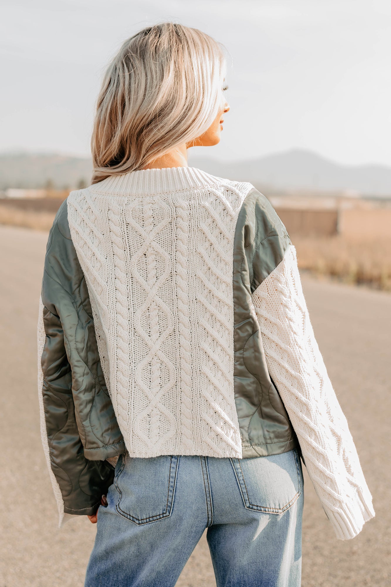Latte Layers Quilted Cable Knit POL Cardigan (Natural/Olive) - NanaMacs