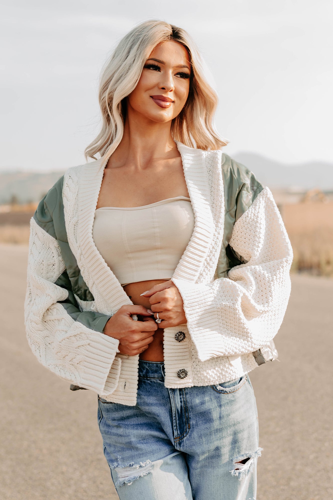 Latte Layers Quilted Cable Knit POL Cardigan (Natural/Olive) - NanaMacs