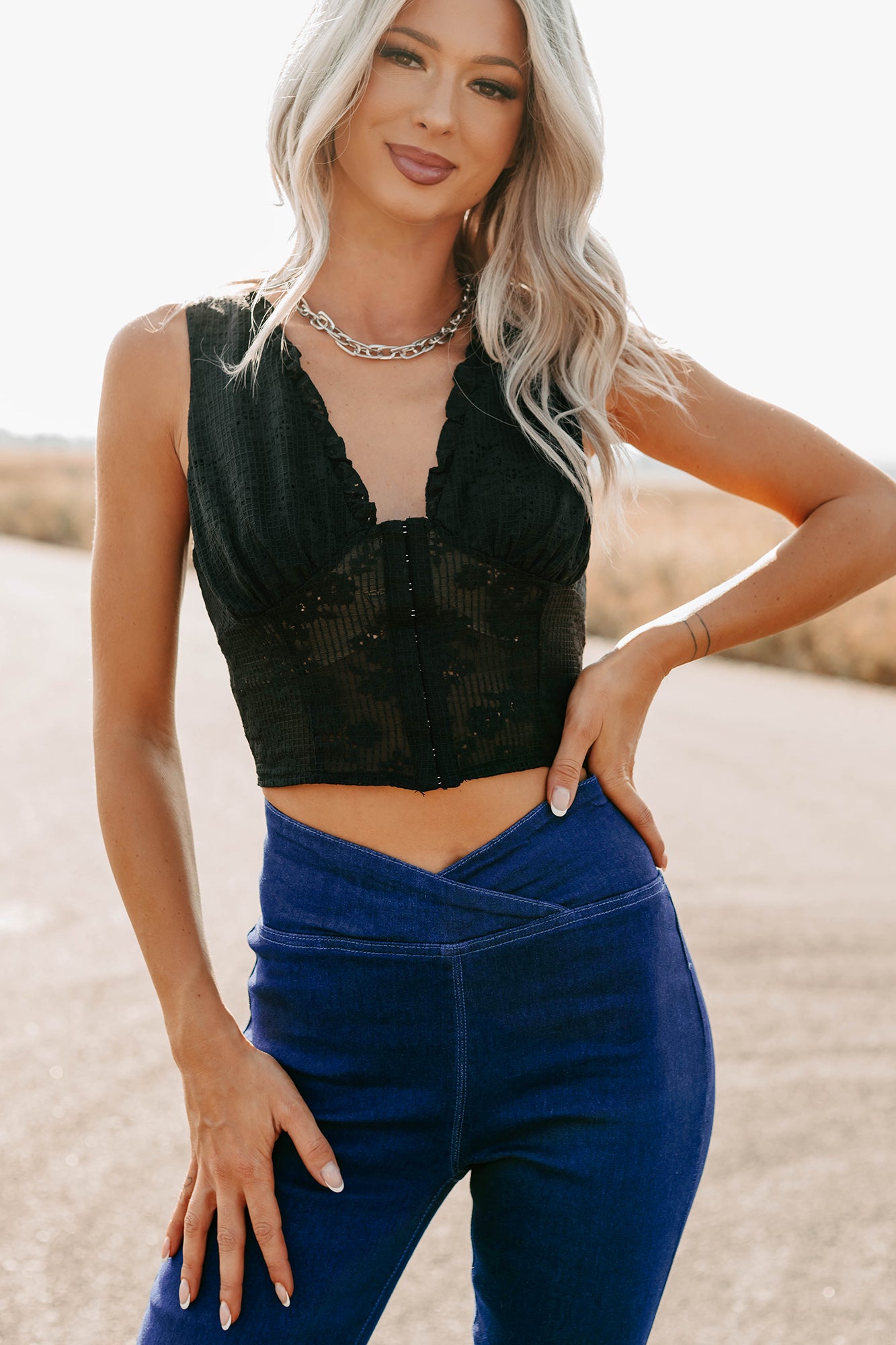 Dream In Gold Sleeveless Floral Lace Top (Black) - NanaMacs