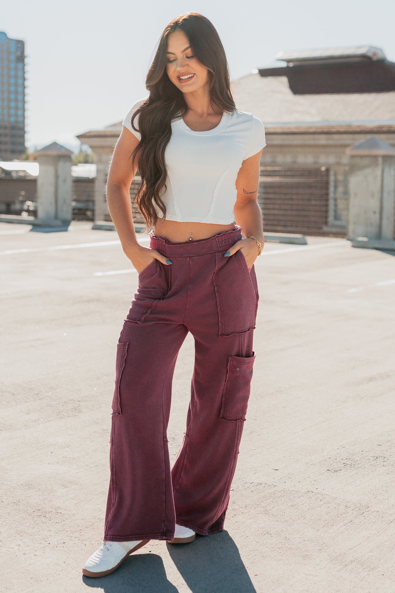 Made Ready Wide Leg Cargo Sweatpants (Dark Cherry) - NanaMacs