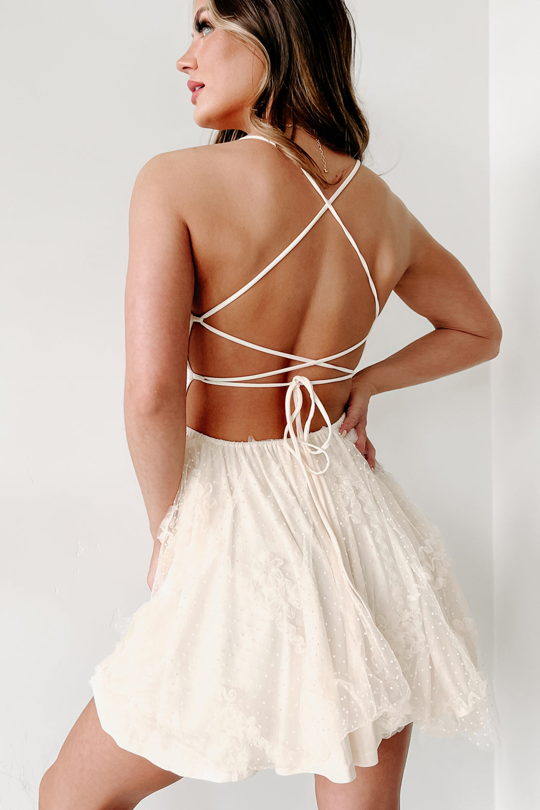 White Lace Open Back Mini Dress