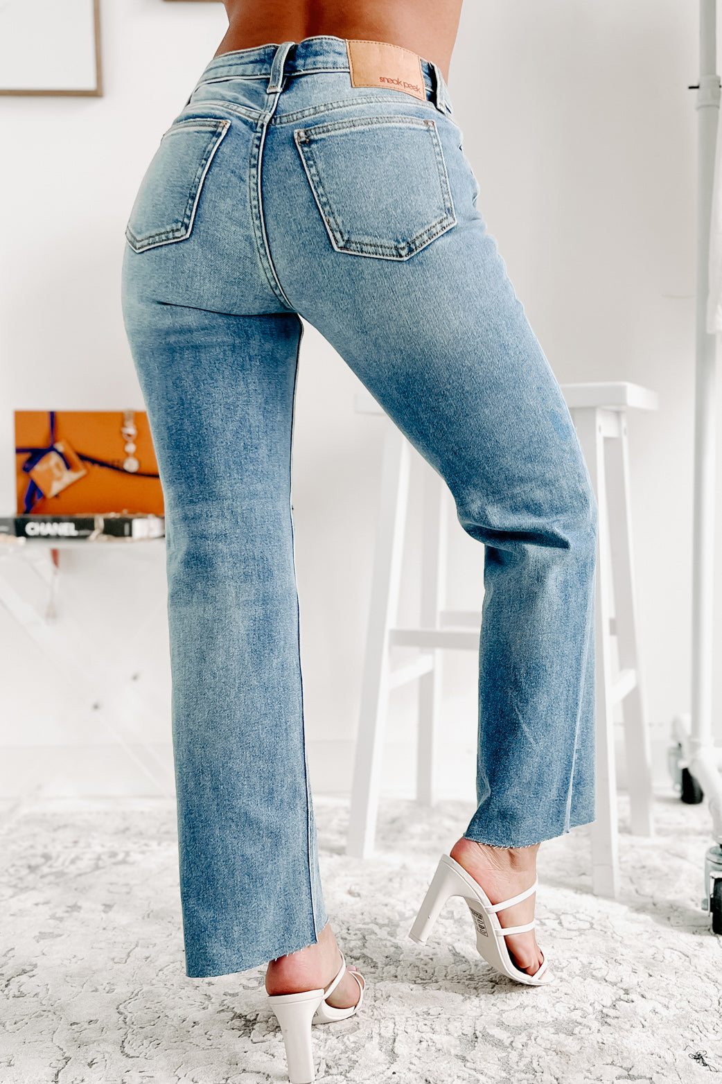 Women's DOORBUSTER Keep My Composure Distressed Sneak Peek Straight Leg Jeans in Medium Light - Size 27