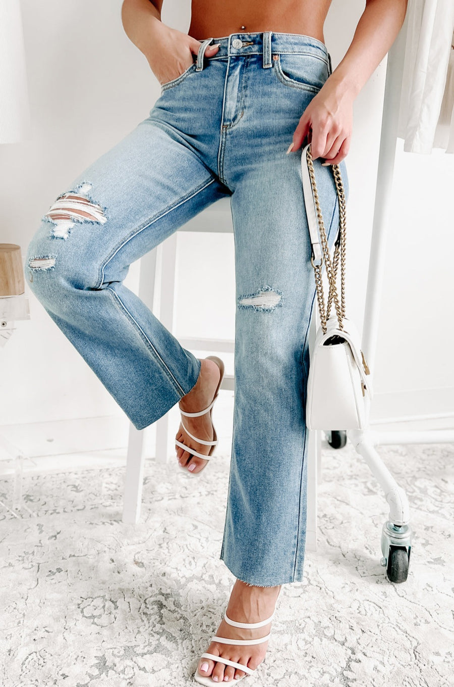 Doorbuster Keep My Composure Distressed Sneak Peek Straight Leg Jeans (Medium Light) - NanaMacs