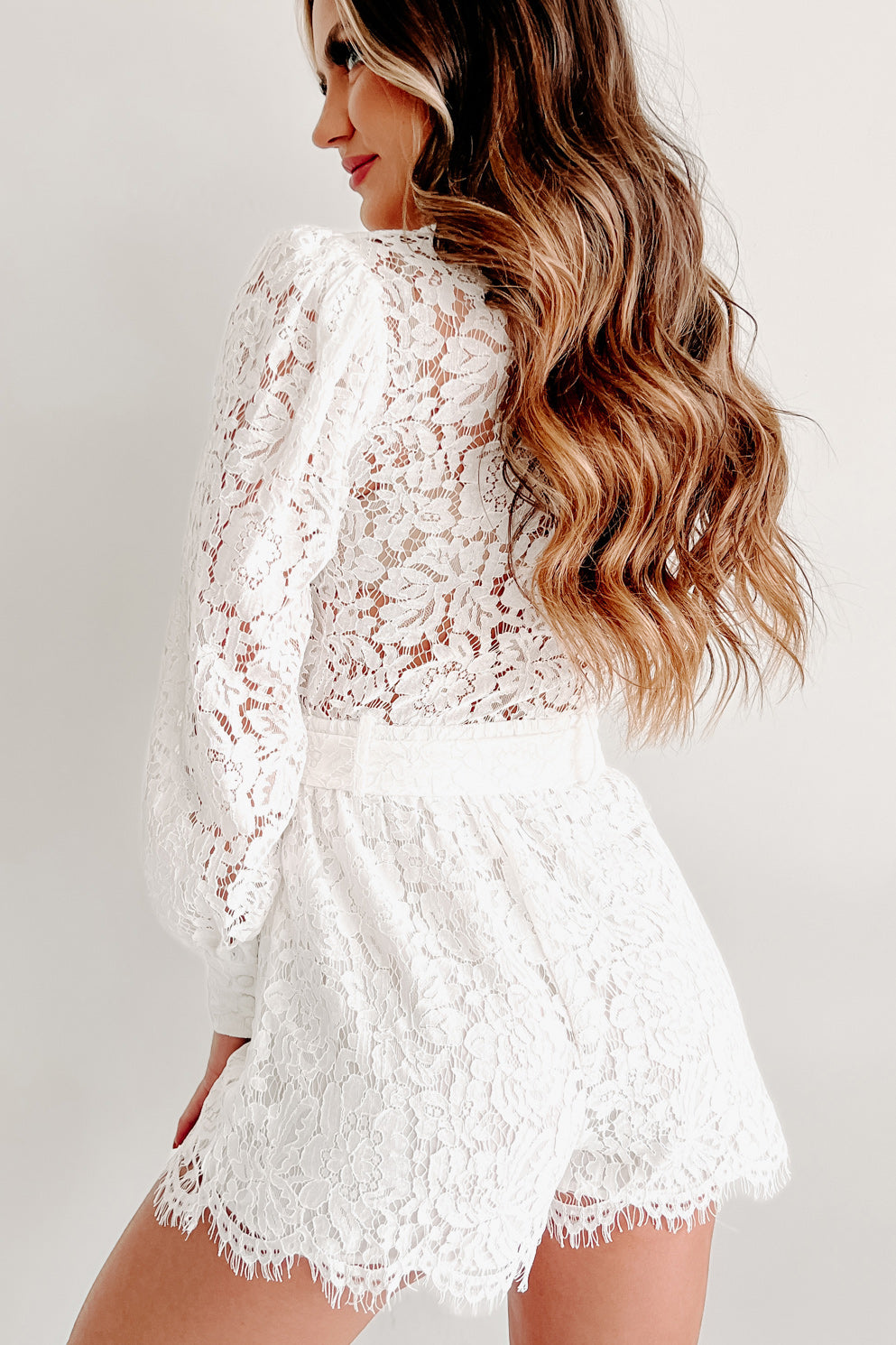 Looking Up To You Lace Long Sleeve Belted Romper (Off White) - NanaMacs