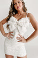 Grand Gestures Bow Embellished Tweed Mini Dress (White) - NanaMacs