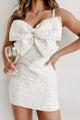 Grand Gestures Bow Embellished Tweed Mini Dress (White) - NanaMacs