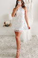 Flower Child Floral Applique Halter Mini Dress (White/Multi) - NanaMacs