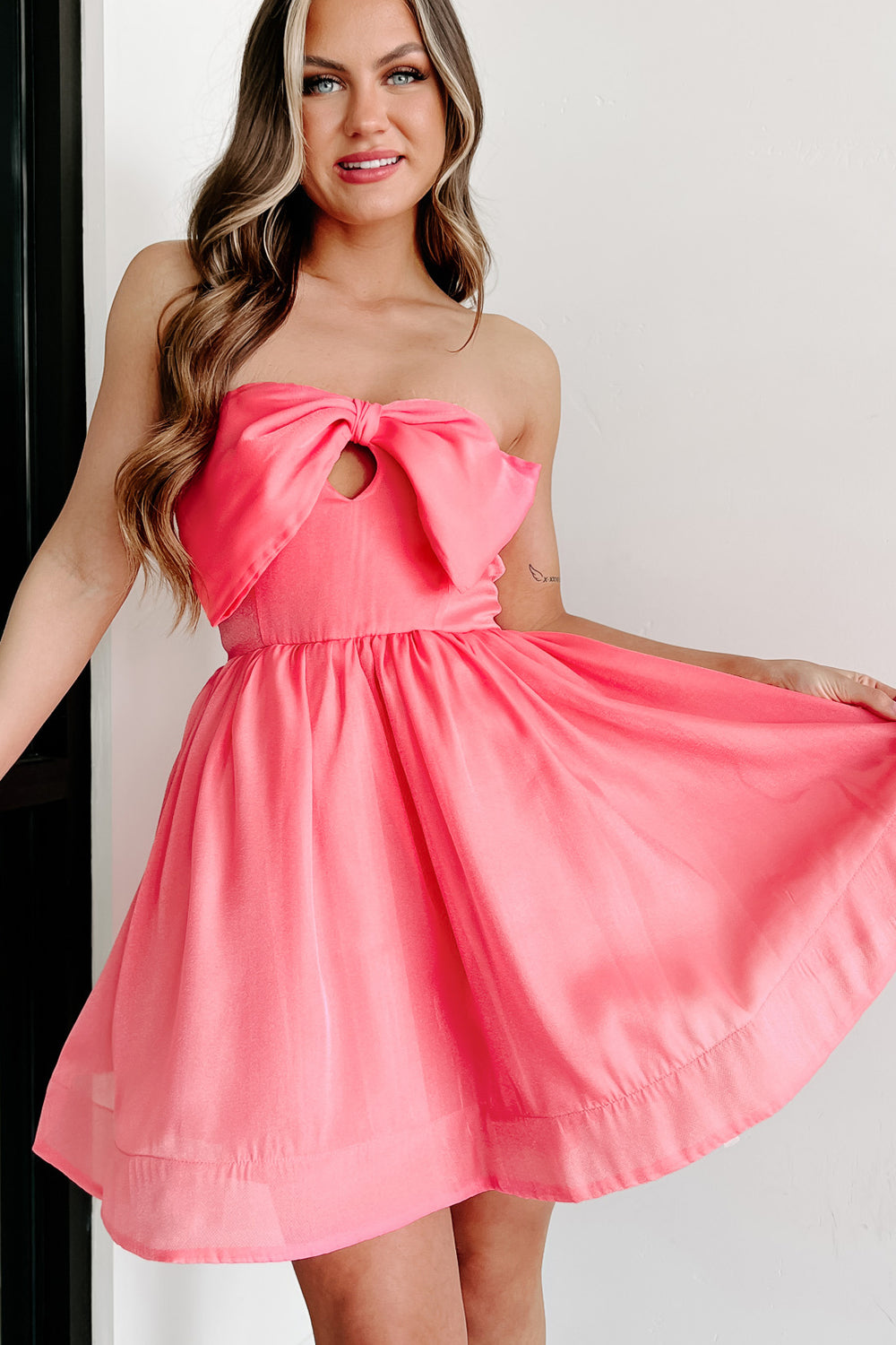 My Darling Heart Bow Front Mini Dress (Pink) - NanaMacs