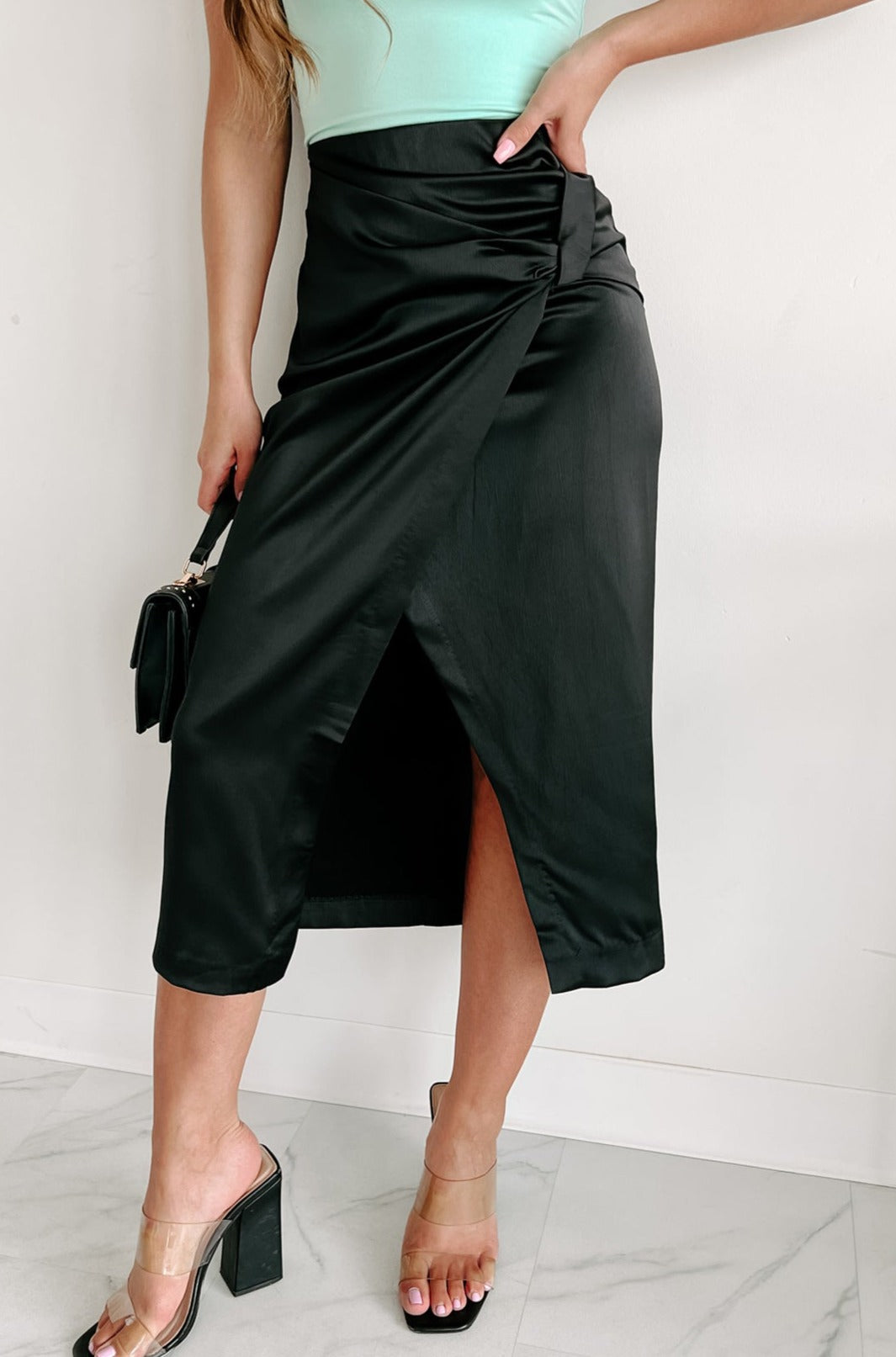 Feeling The Vibe Faux Wrap Midi Skirt (Black) - NanaMacs