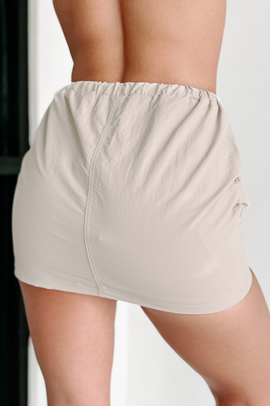 Short Fuse Nylon Mini Skirt With Drawstring Toggles (Taupe) - NanaMacs