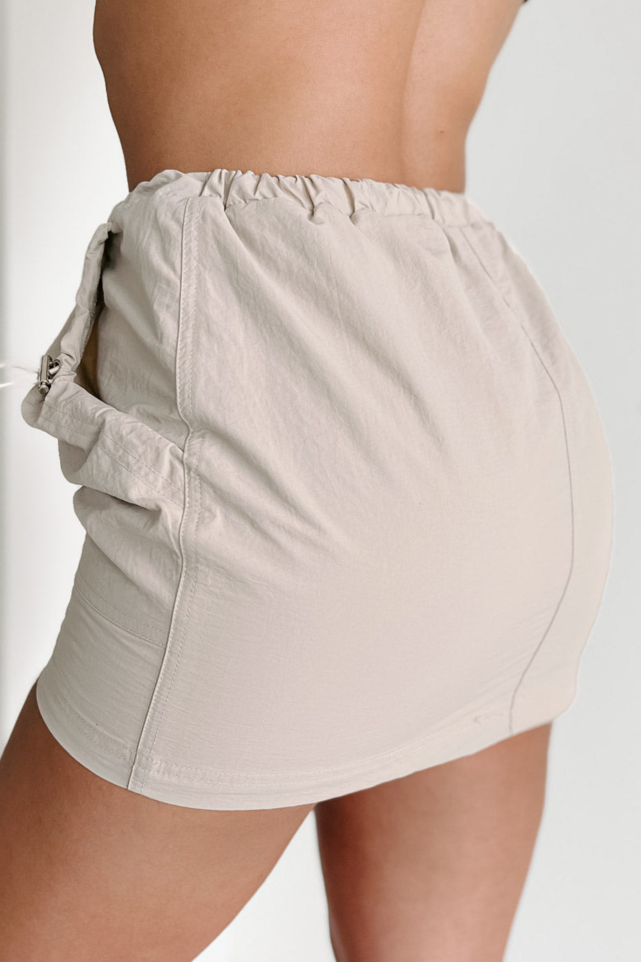 Short Fuse Nylon Mini Skirt With Drawstring Toggles (Taupe) - NanaMacs