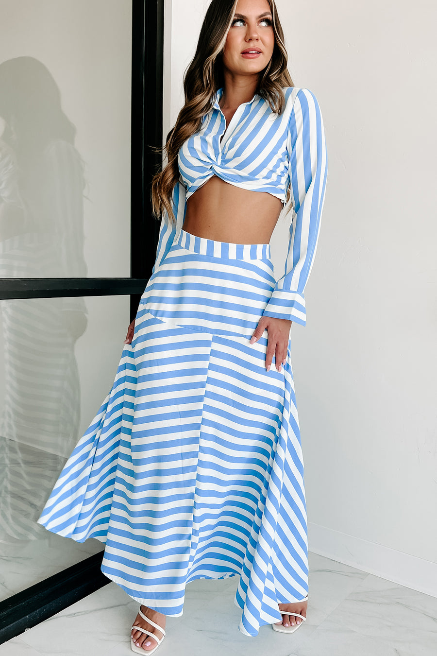 Travel Far Away Striped Two Piece Skirt Set (White/Blue) - NanaMacs