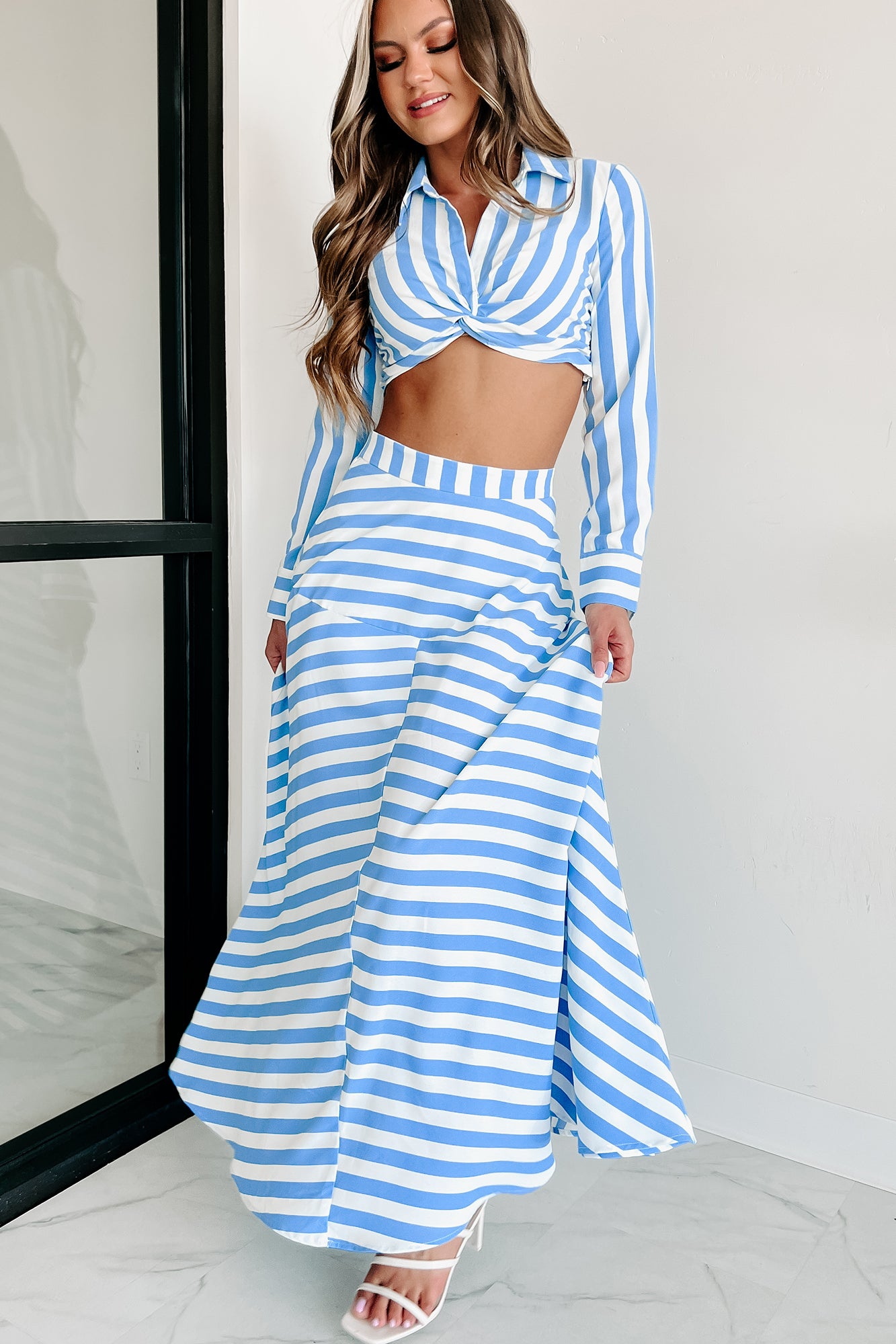 Travel Far Away Striped Two Piece Skirt Set (White/Blue) - NanaMacs