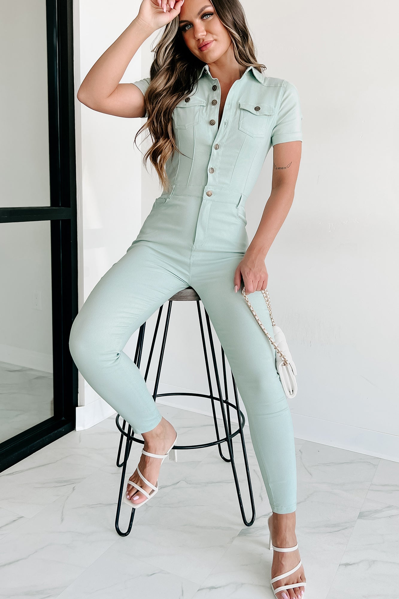 Doorbuster Missing You Lately Button-Front Skinny Leg Jumpsuit (Sage) - NanaMacs
