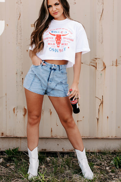 "Wild West Rodeo Cowboy" Oversized Graphic Crop Tee (White) - Print On Demand - NanaMacs