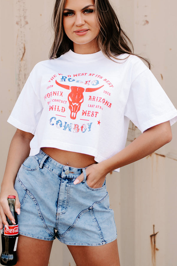 "Wild West Rodeo Cowboy" Oversized Graphic Crop Tee (White) - Print On Demand - NanaMacs