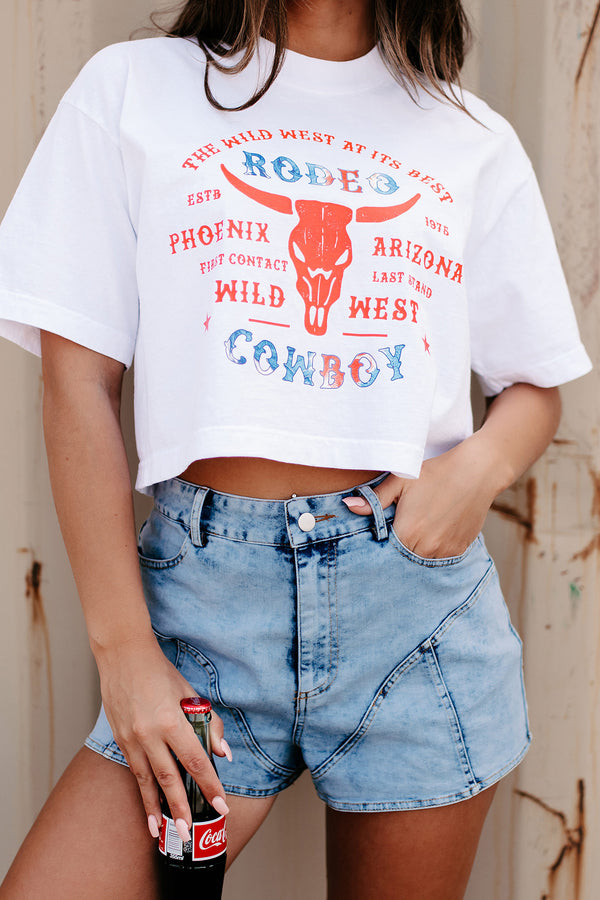 "Wild West Rodeo Cowboy" Oversized Graphic Crop Tee (White) - Print On Demand - NanaMacs