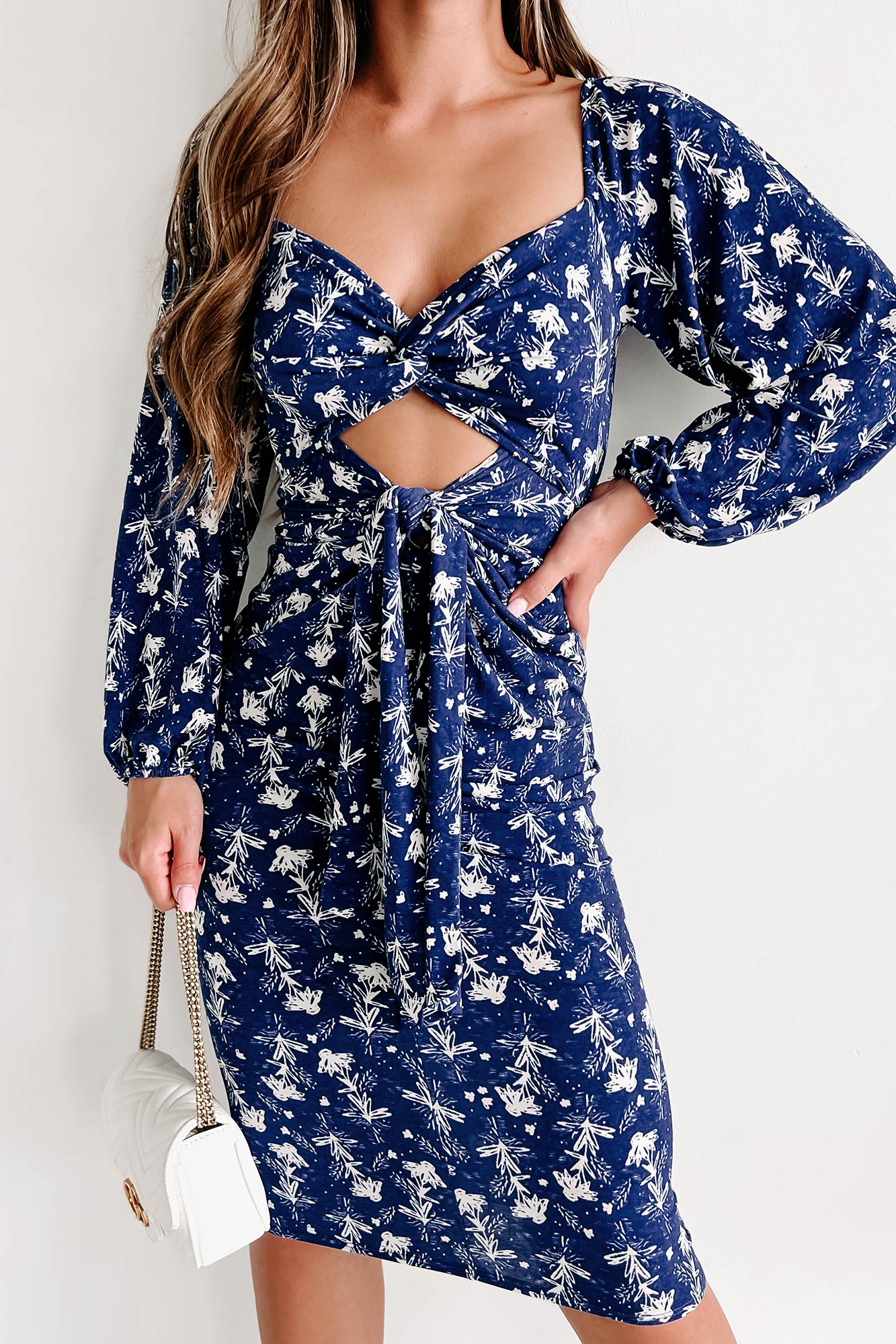 Midnight Reverie Cut-Out Ruched Floral Midi Dress (Navy) - NanaMacs