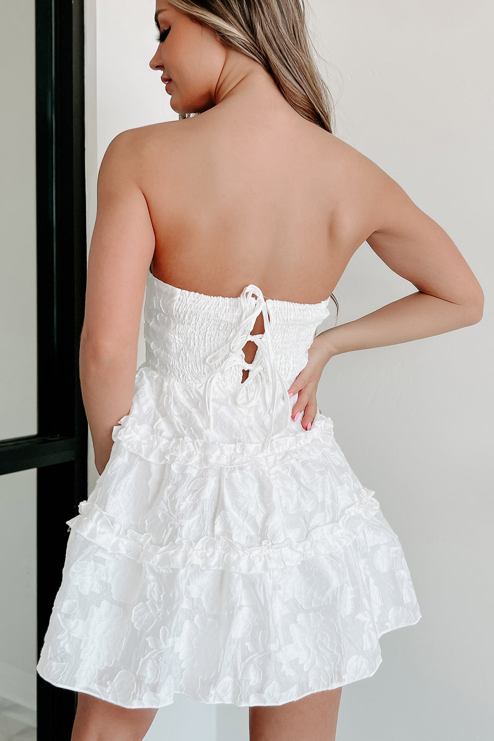 Found My Inspiration Floral Jacquard Strapless Mini Dress (White) - NanaMacs