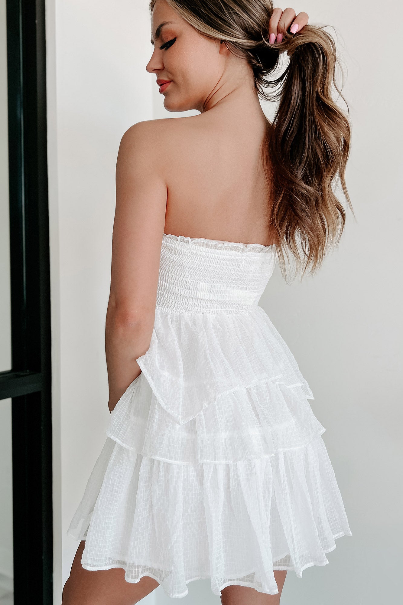Manifest Happiness Tiered Strapless Mini Dress (Off White) - NanaMacs