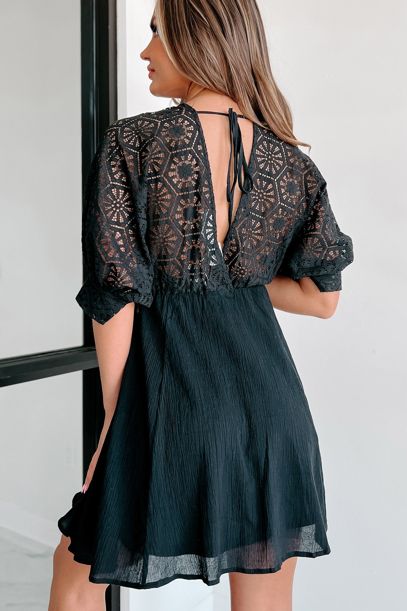 Jasper Crochet Lace Mini Dress (Black) - NanaMacs