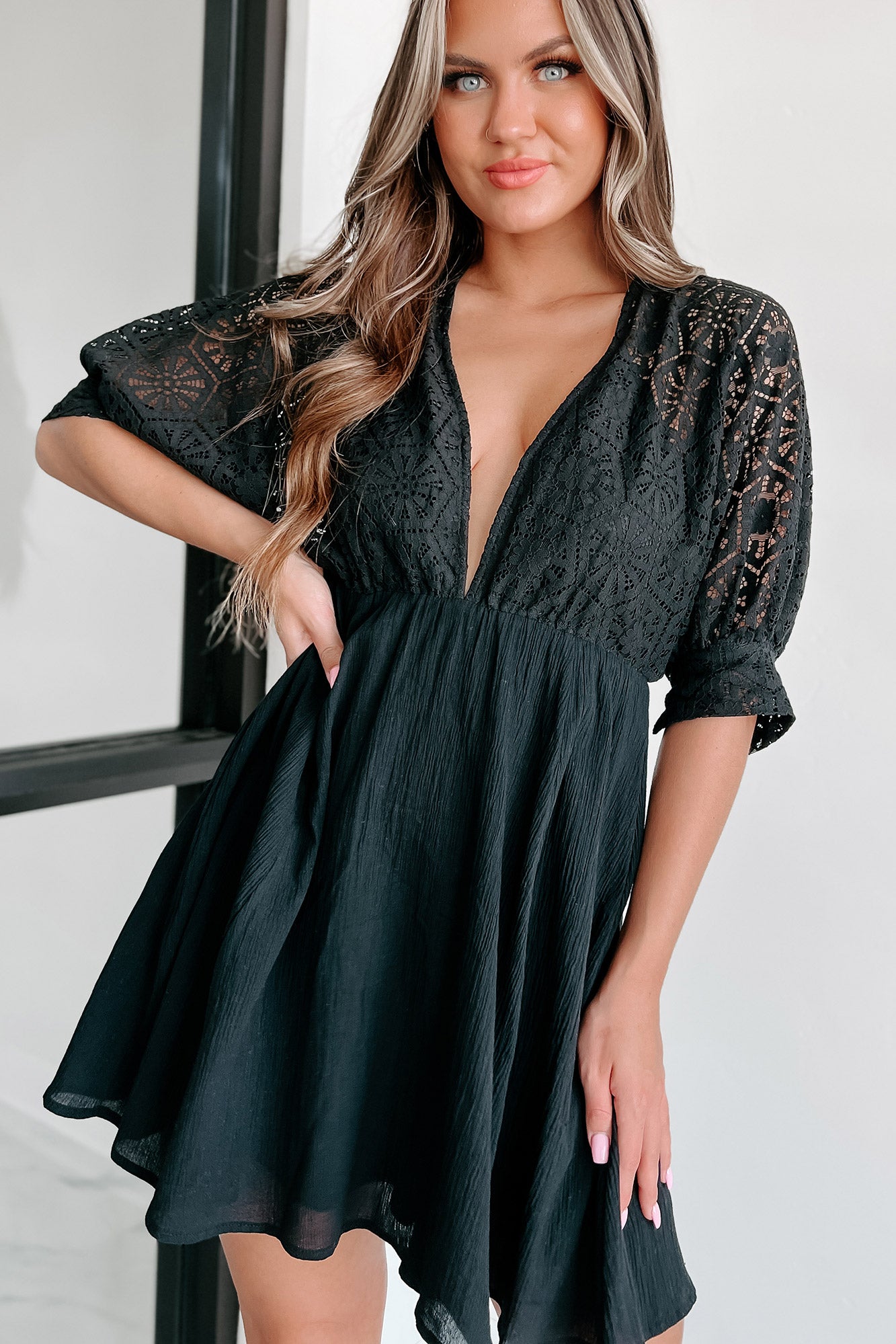 Jasper Crochet Lace Mini Dress (Black) - NanaMacs