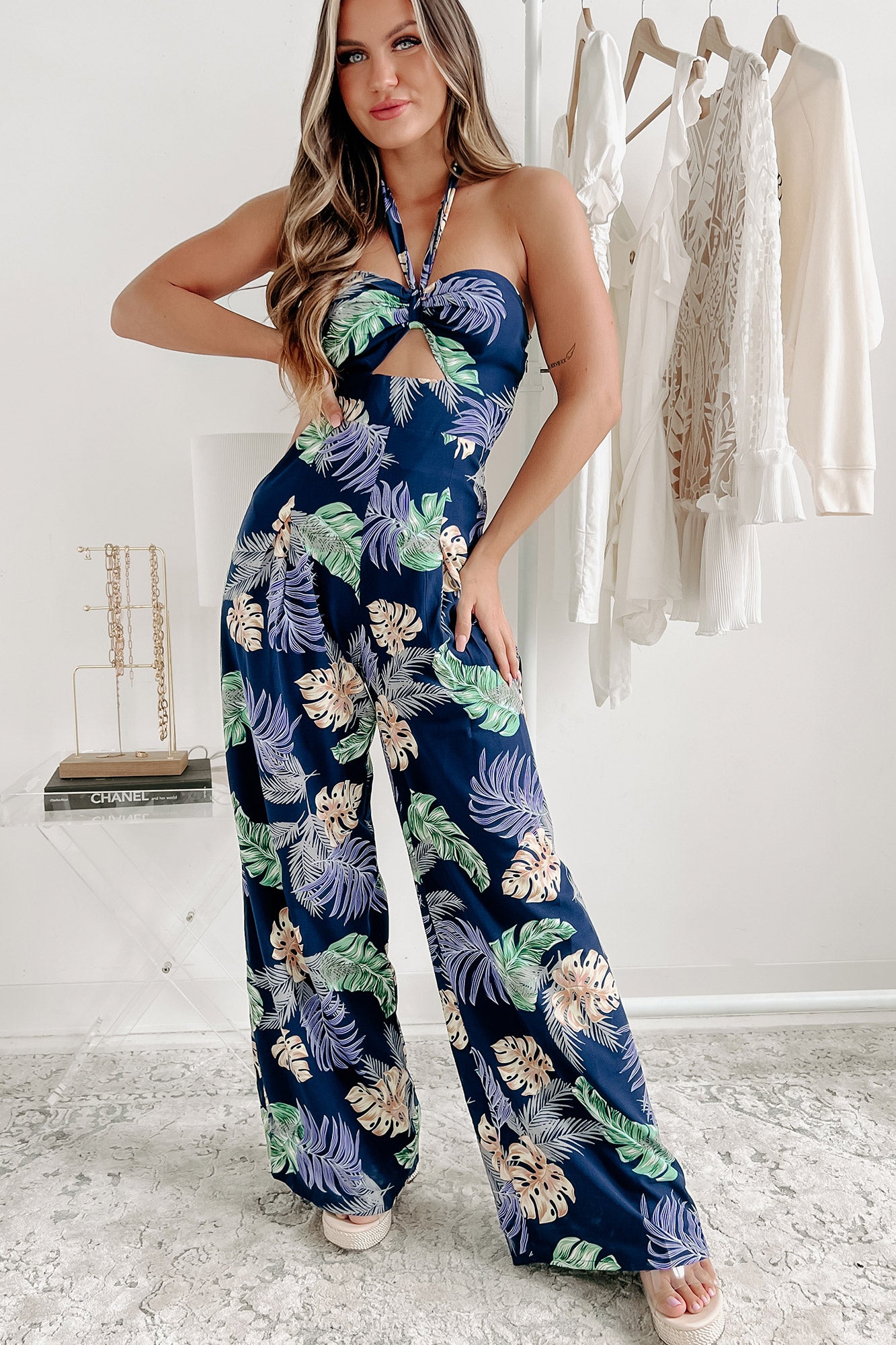 Going With The Flow Tropical Print Halter Neck Jumpsuit (Navy) - NanaMacs