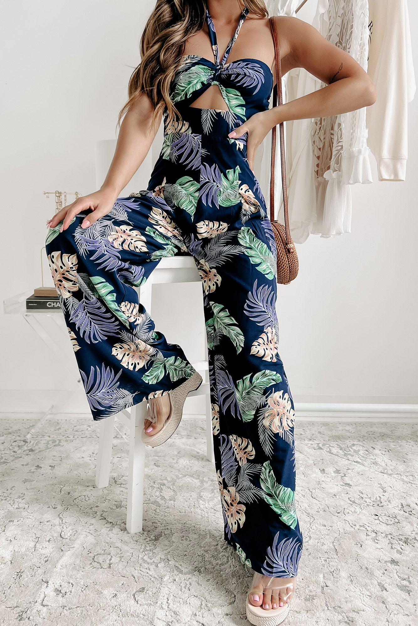 Going With The Flow Tropical Print Halter Neck Jumpsuit (Navy) - NanaMacs