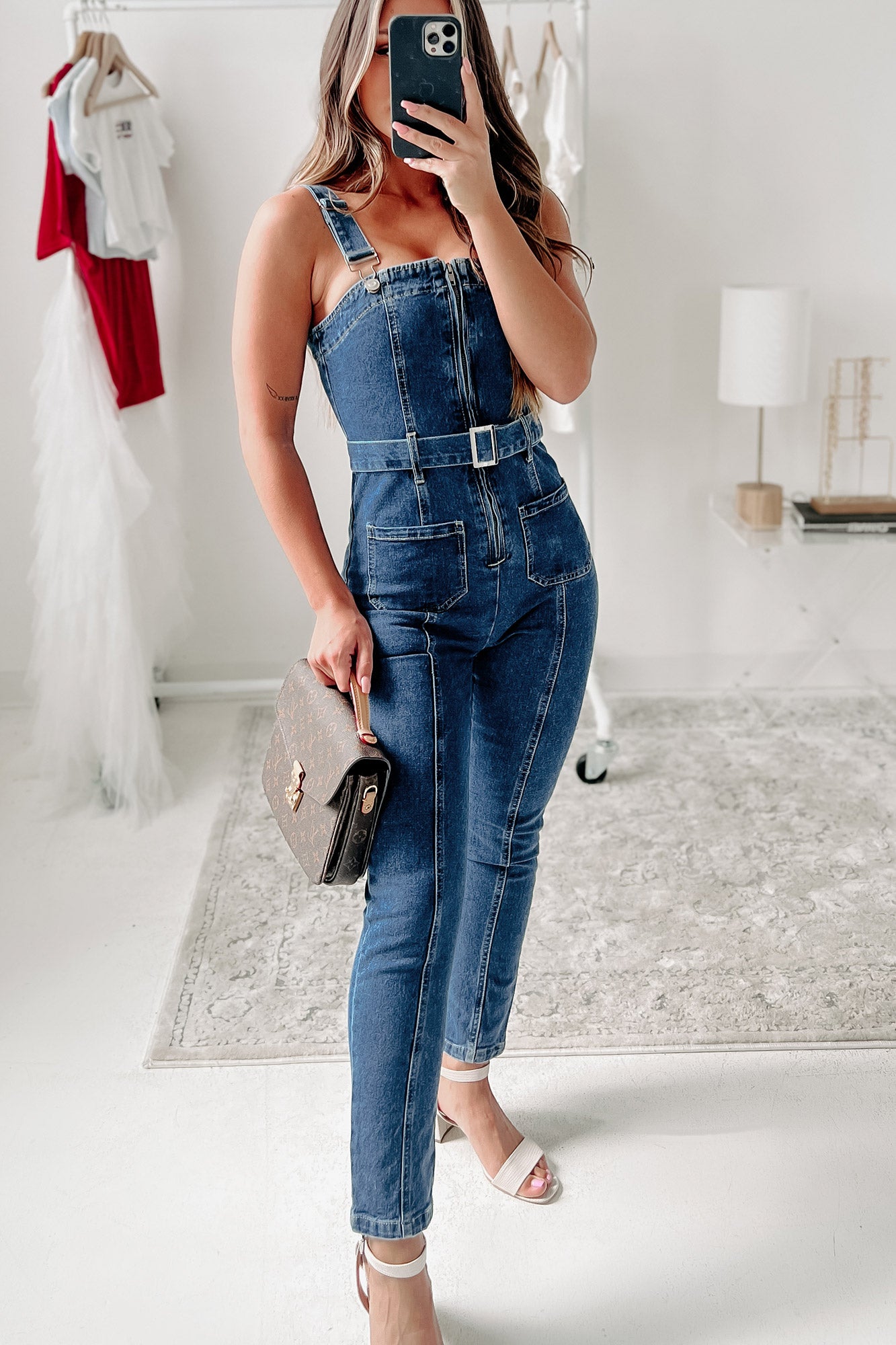 Hometown Hero Zip-Front Belted Denim Overalls (Dark Denim) · NanaMacs