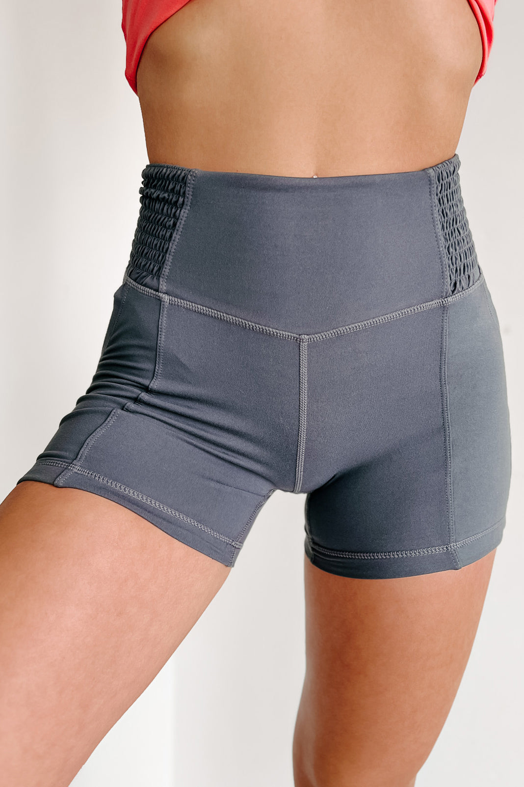 Make Yourself Comfortable Side Smocked Biker Shorts (Charcoal) - NanaMacs