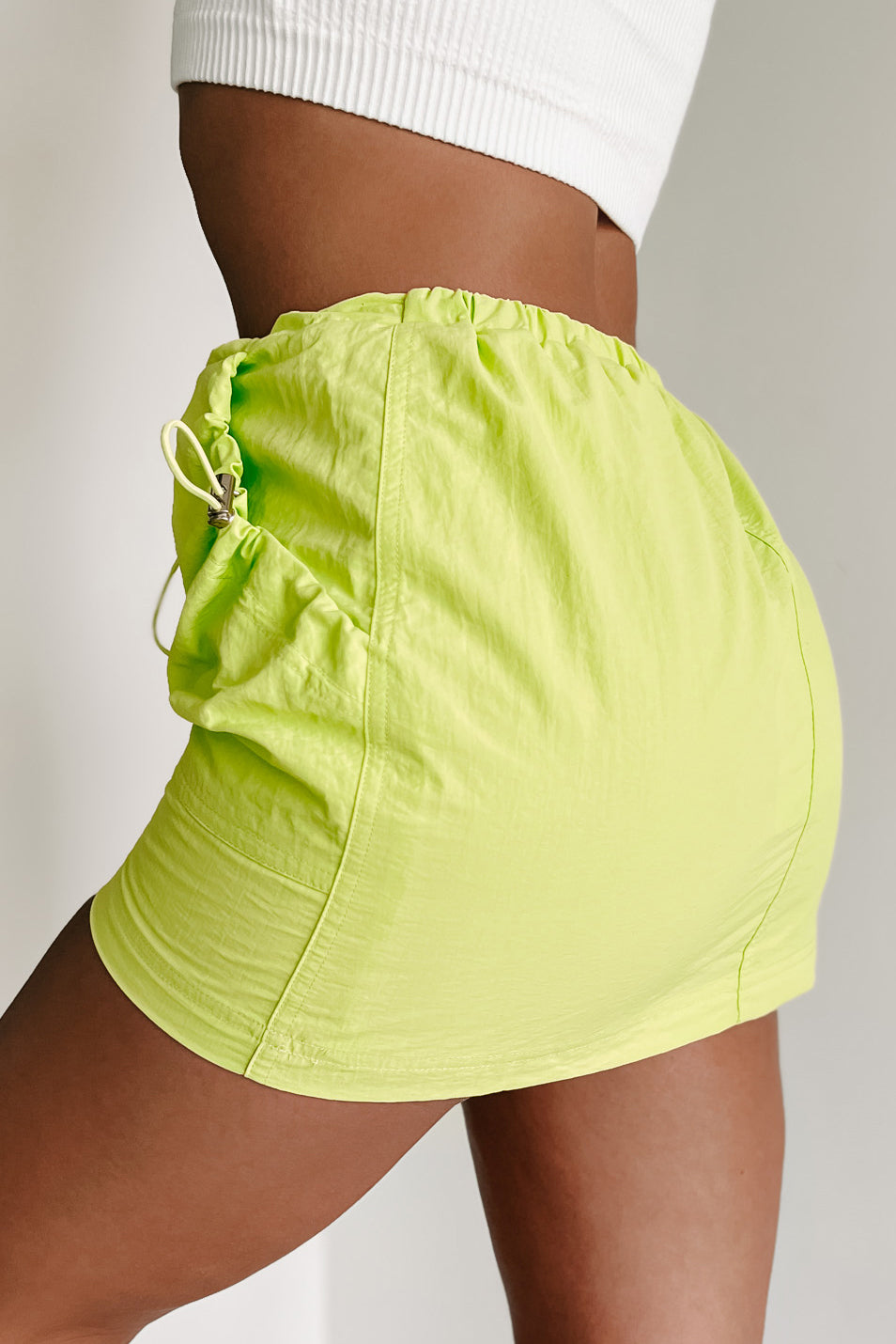 Short Fuse Nylon Mini Skirt With Drawstring Toggles (Lime) - NanaMacs