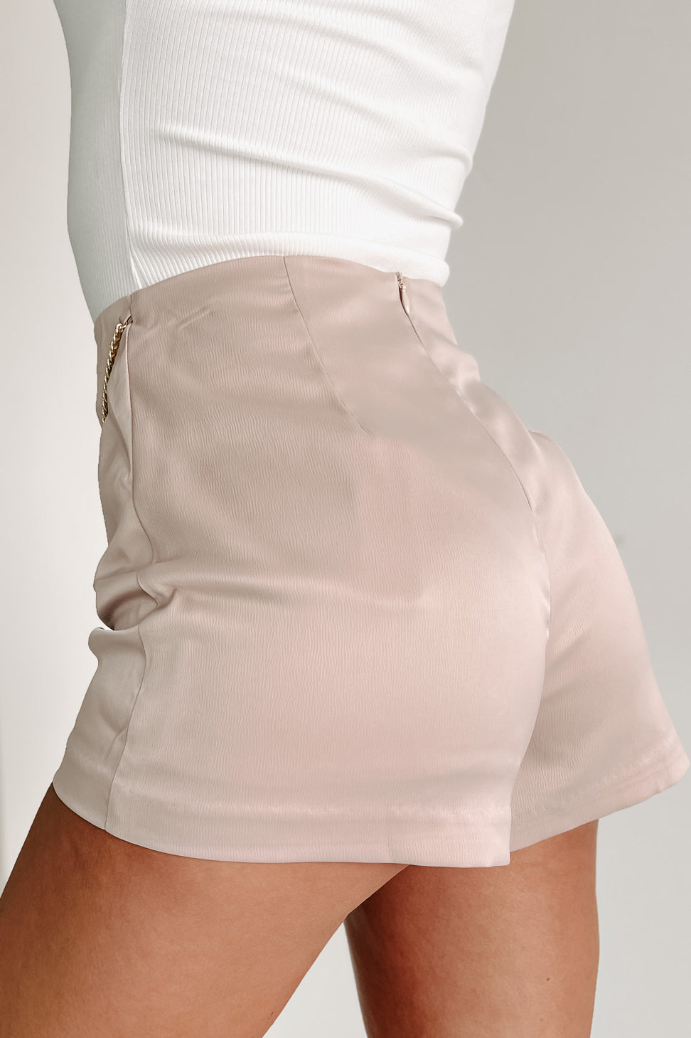 Running Back To You Satin Skort With Chain Detail (Taupe) - NanaMacs