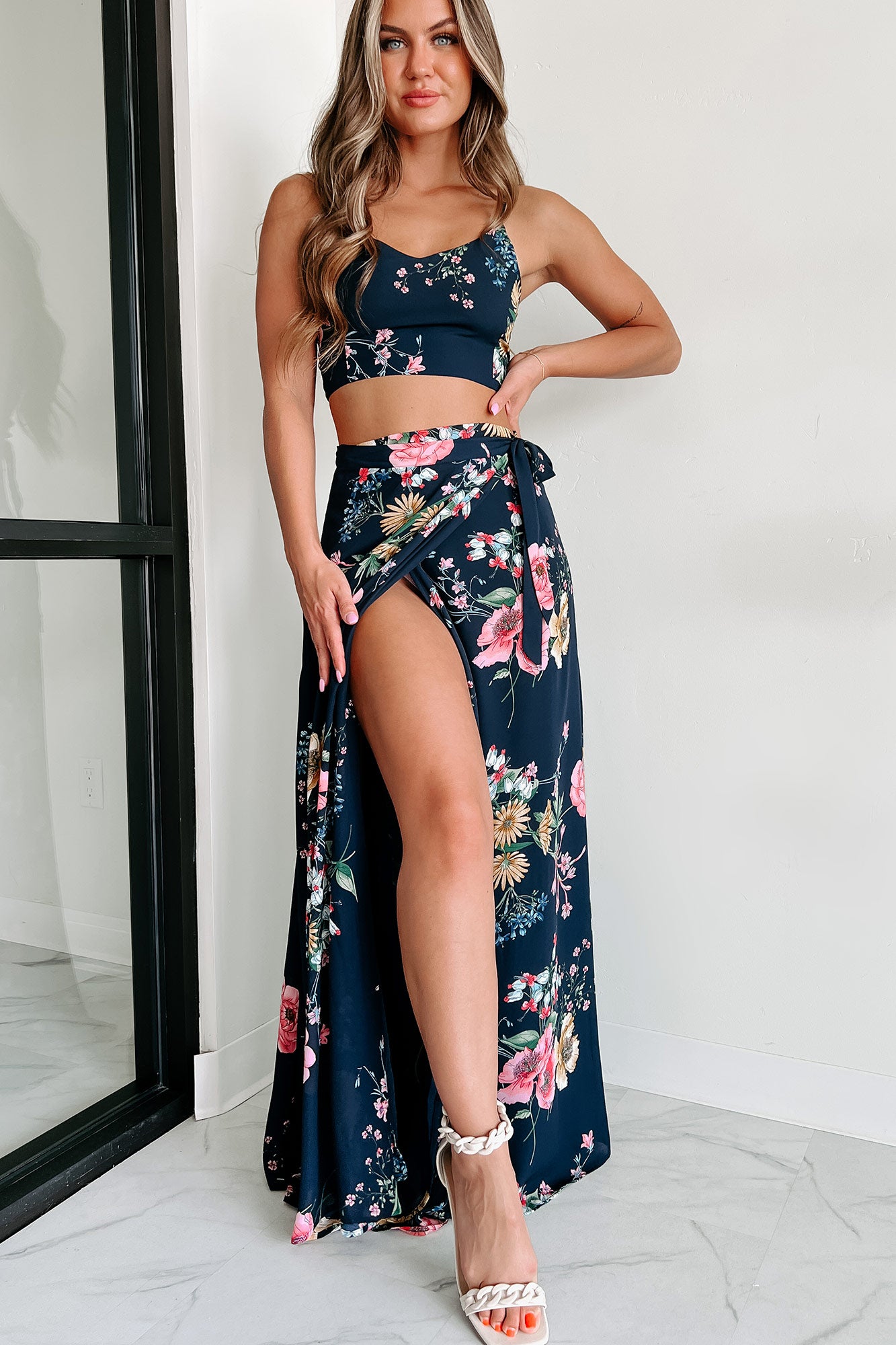 Annalise Floral Crop Top & Wrap Skirt Set (Navy Multi) - NanaMacs