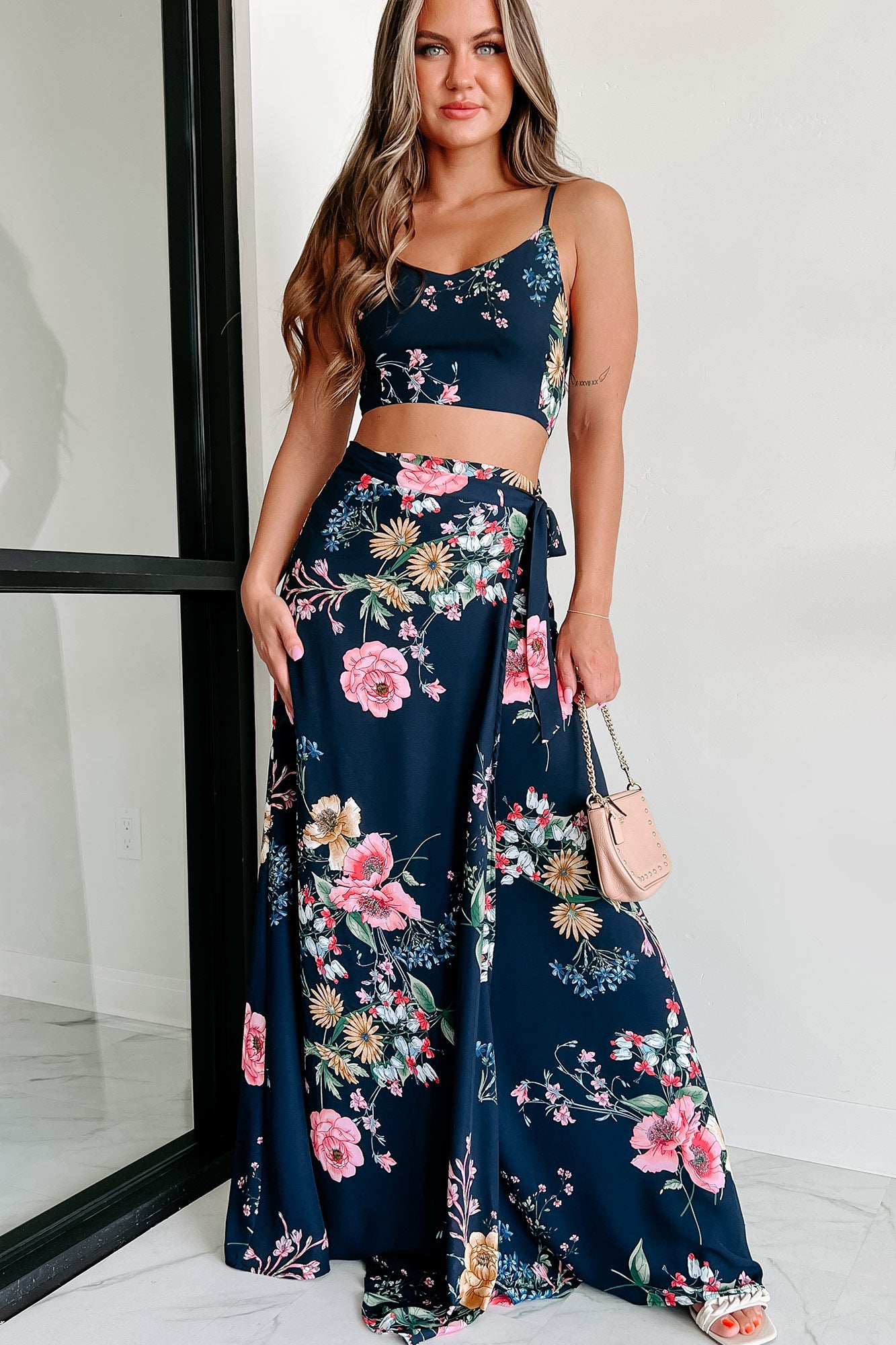 Annalise Floral Crop Top & Wrap Skirt Set (Navy Multi) - NanaMacs